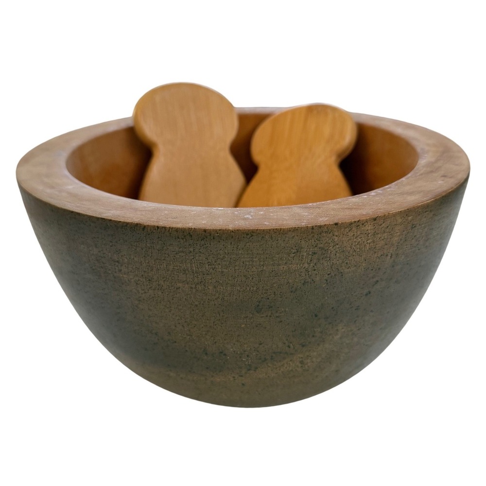 Modern Medium Solid Wood Salad Bowl w/ Servers – Heavy‎ – Natural Finish